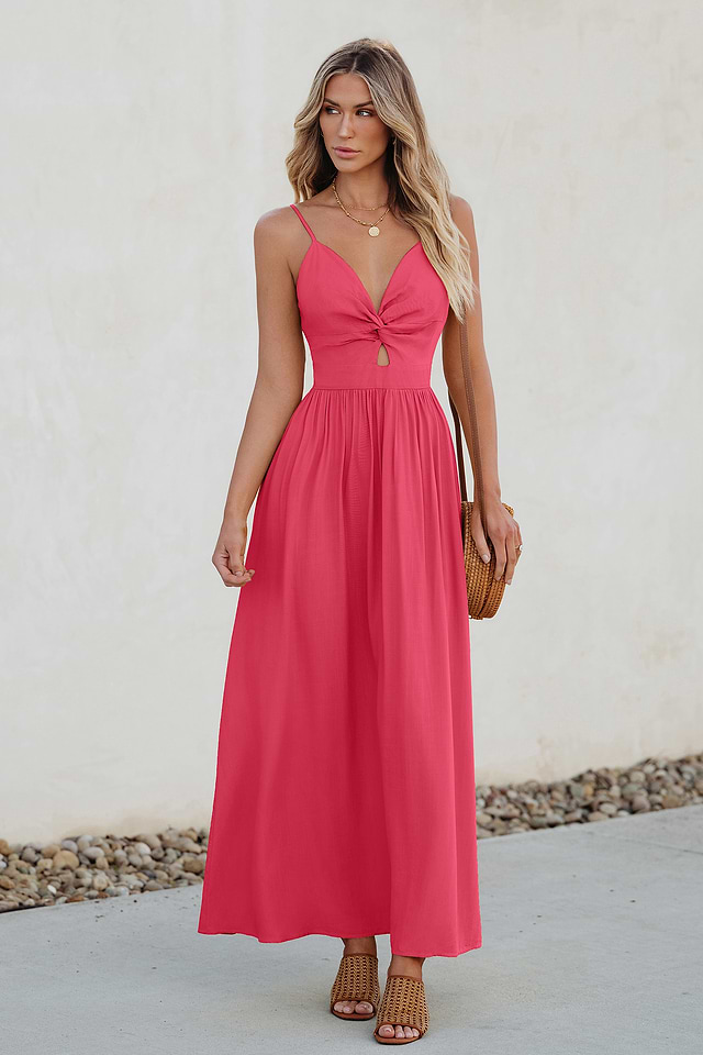 knee length dresses for ladies London Times Floral Print Round Keyhole Detail Neckline Sleeveless Empire  Waist A-Line Maxi Halter Dress