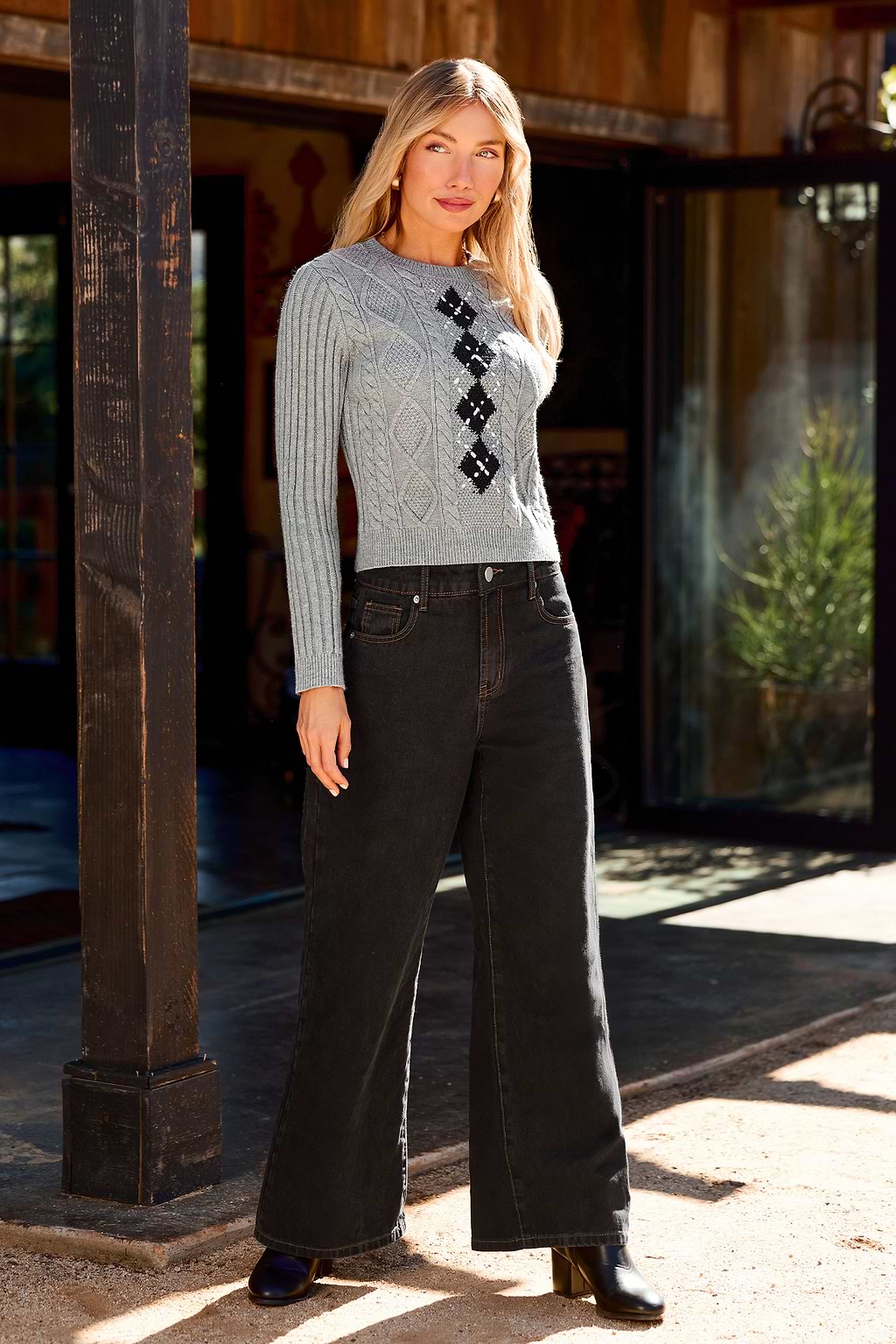 Kurzer Rundhals Argyle-Pullover