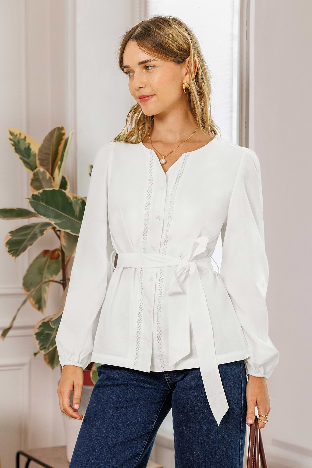 Weiße Langarm Bluse mit Taillengürtel