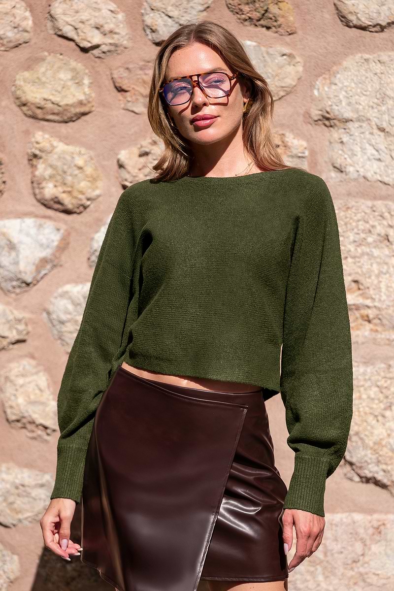 Pull olive col bateau manches longues