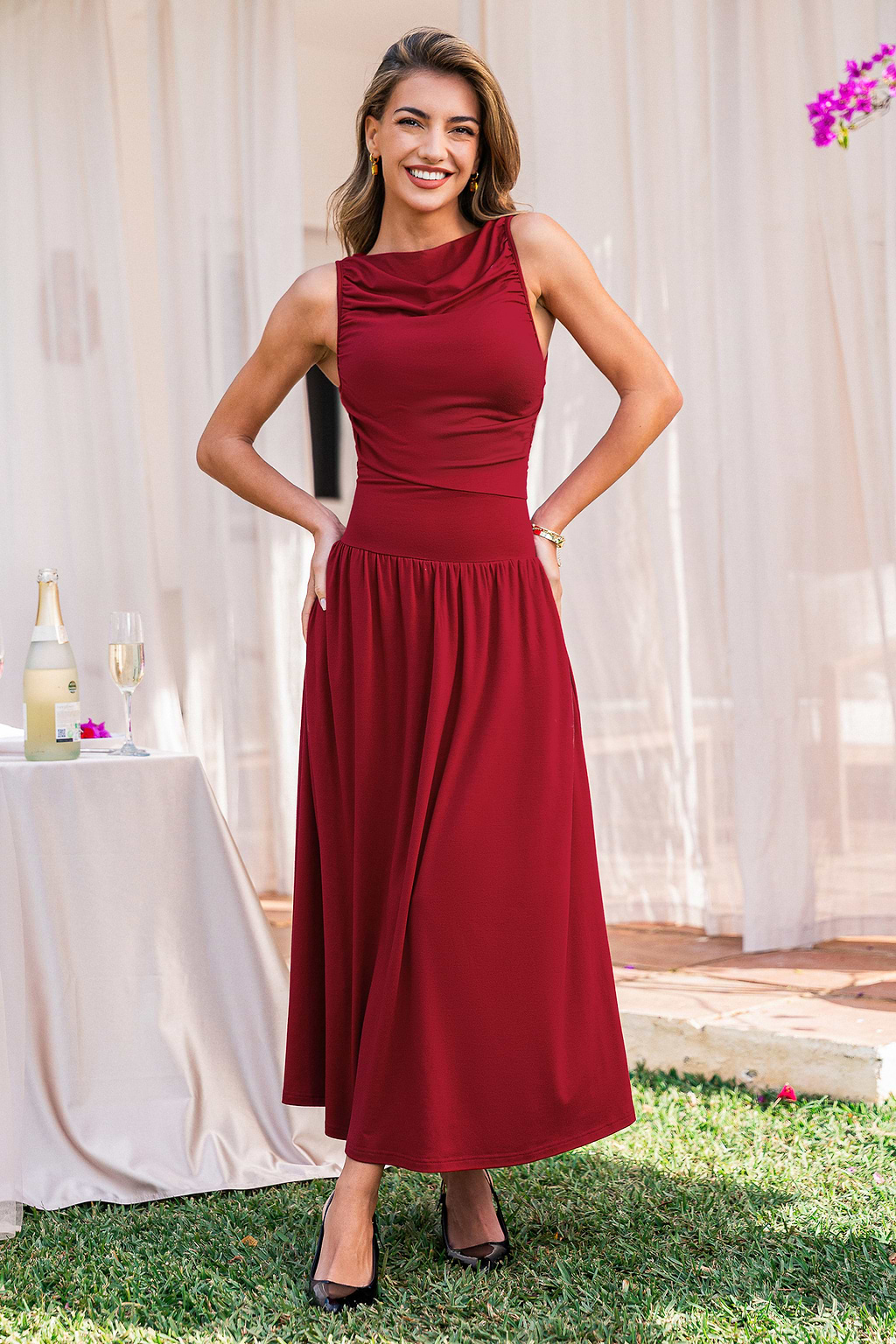 Robe longue rouge col bateau