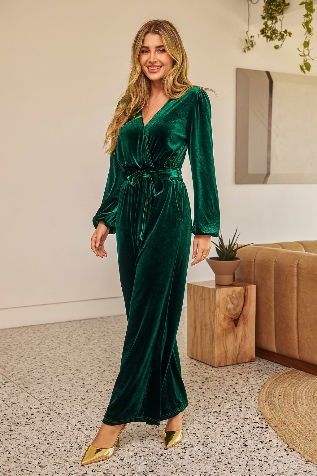 Green Velvet Long Sleeve Straight Leg Jumpsuit