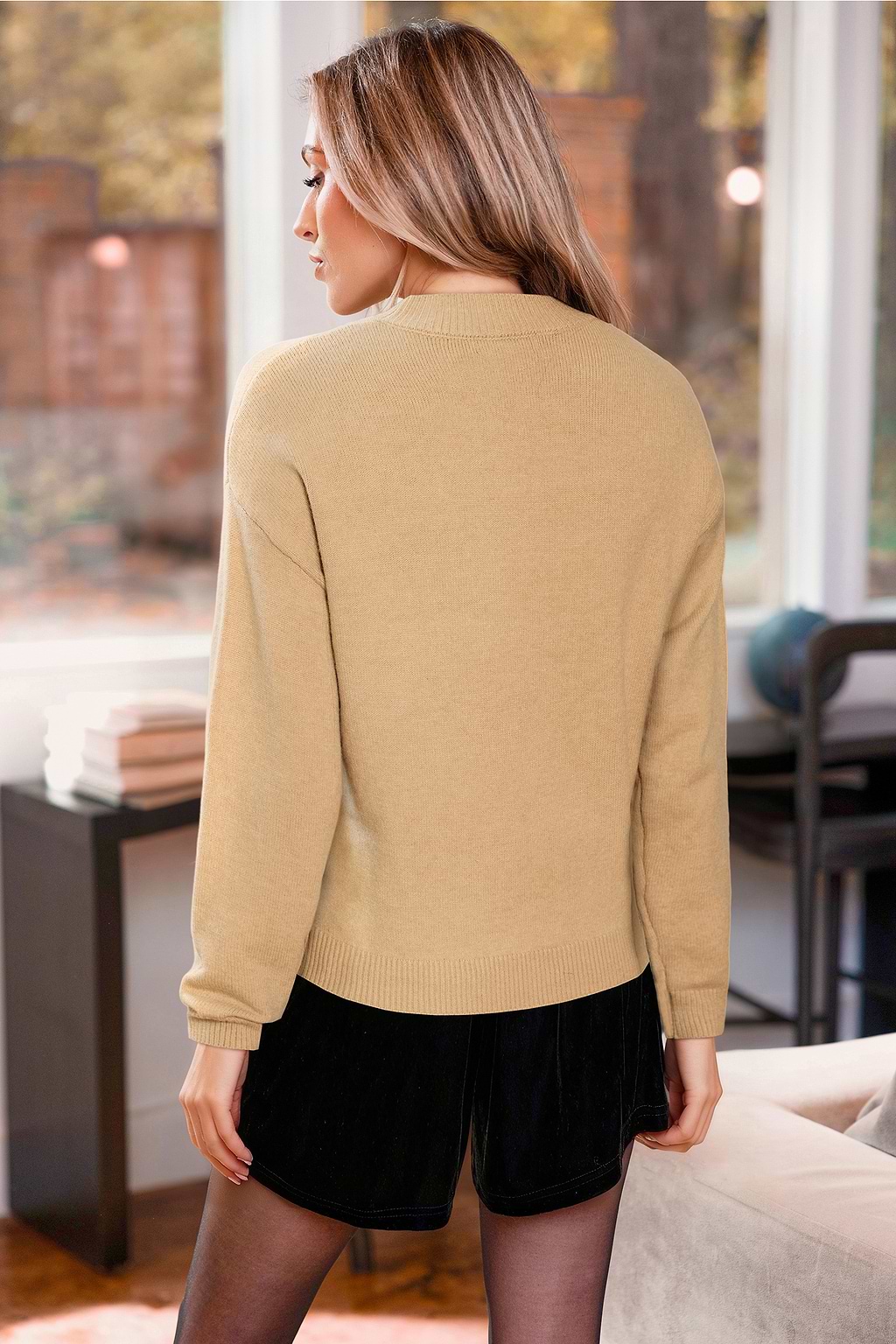 Khaki Rundhals Pailletten-Pullover