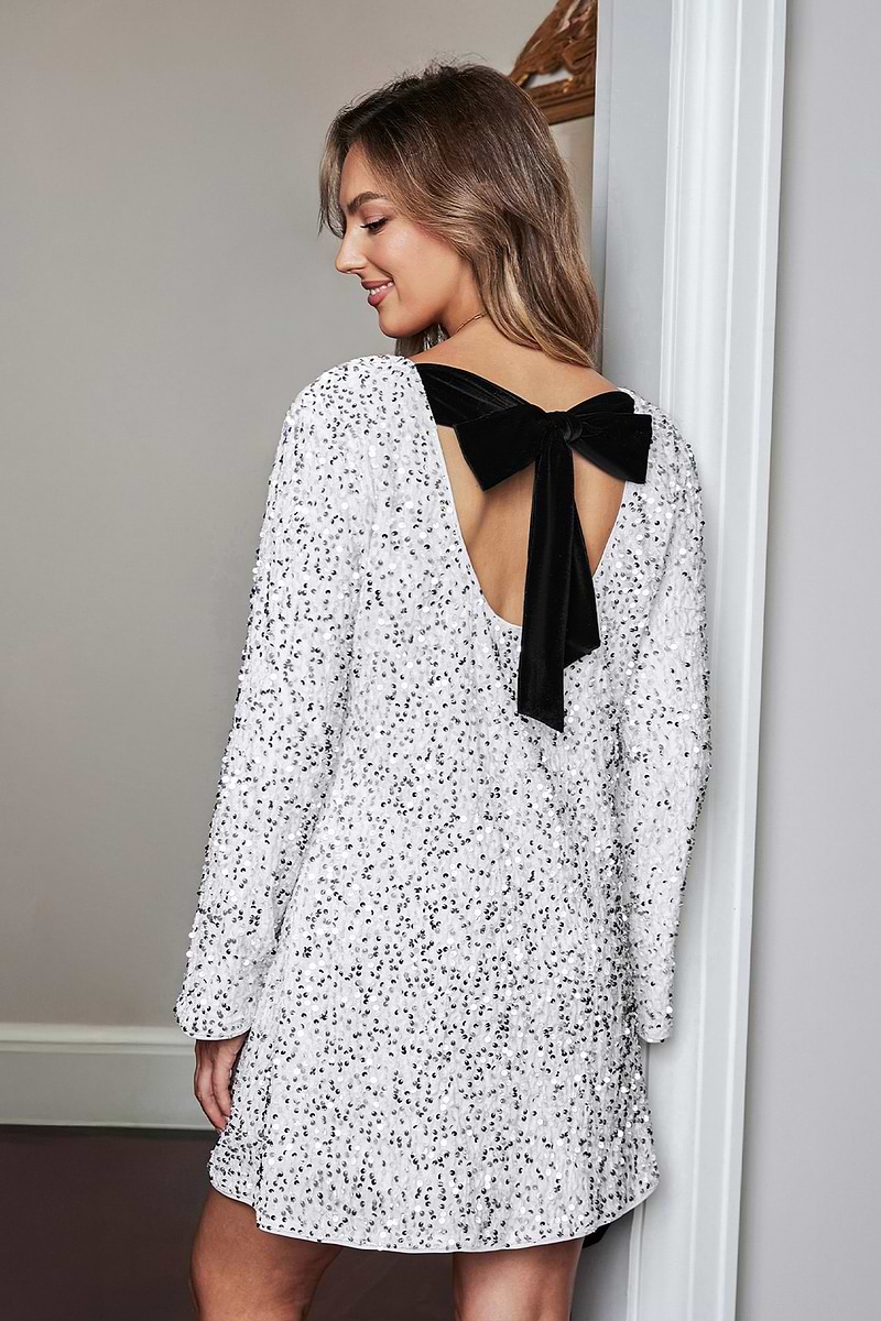 Sequin Boatneck Flared Sleeve Mini Dress