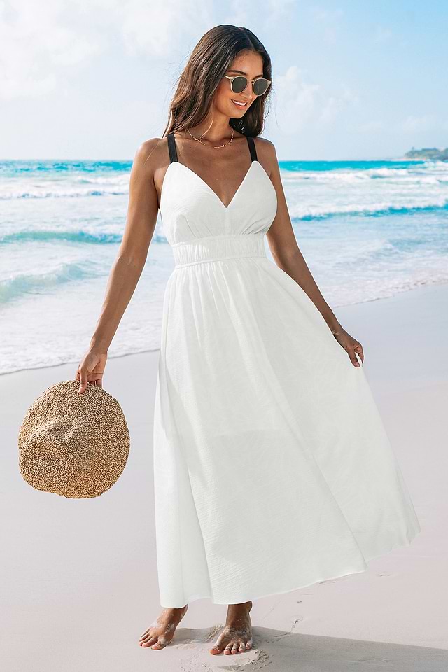 white elegant beach dress Off Shoulder Long White Chiffon Summer Dress Beach Dress – FancyVestido main image 1
