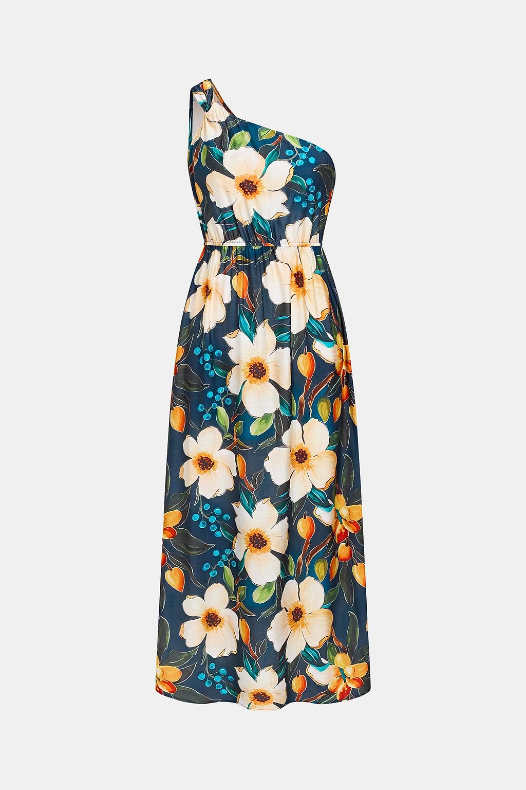 Blaues Ärmelloses Geblümtes Asymmetrisches Midikleid