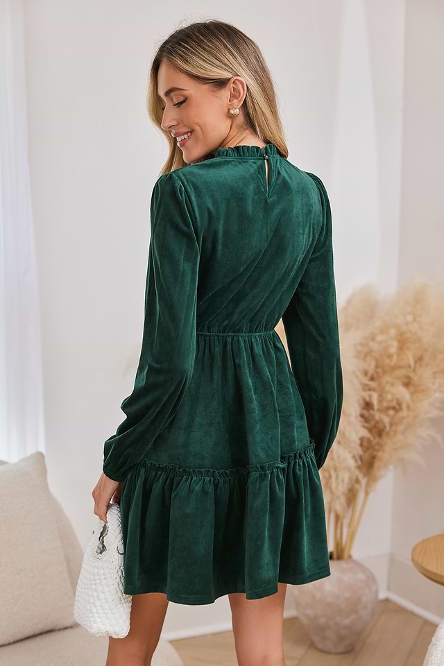 Green Round Neck Bubble Sleeve Ruffled Hem Dress | Fun & Flirty Style |  Cupshe
