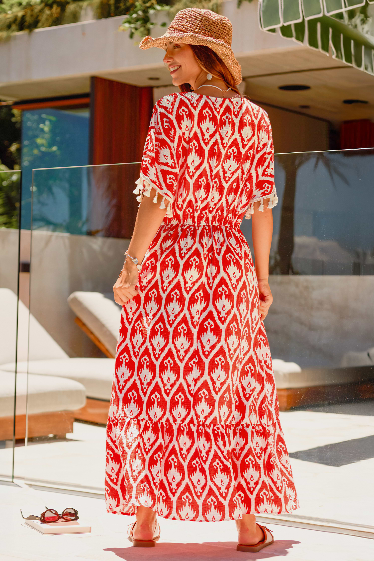 Red Tribal V-Neck Maxi Dress for Resort Vacation