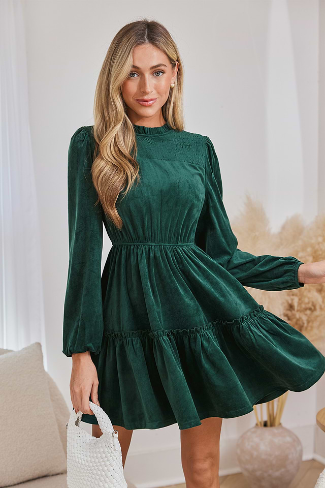 Green Round Neck Bubble Sleeve Ruffled Hem Dress | Fun & Flirty Style |  Cupshe