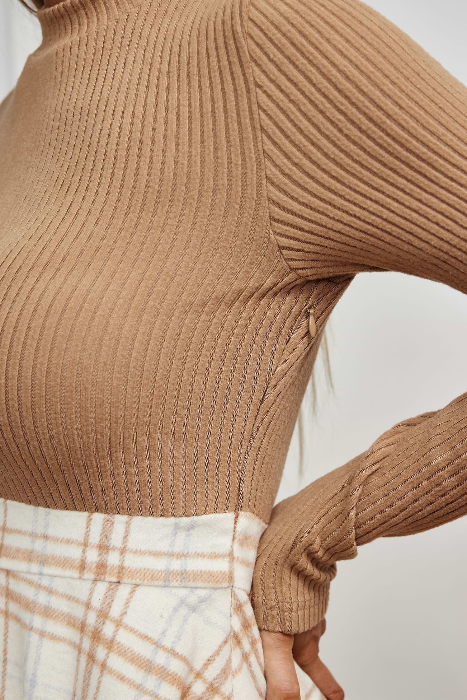 Braunes Kariertes Lange Ärmel Minikleid