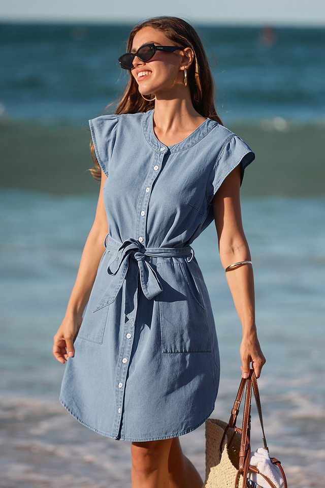 Blue Cotton-Blend Mini Dress with Waist Tie and Pockets