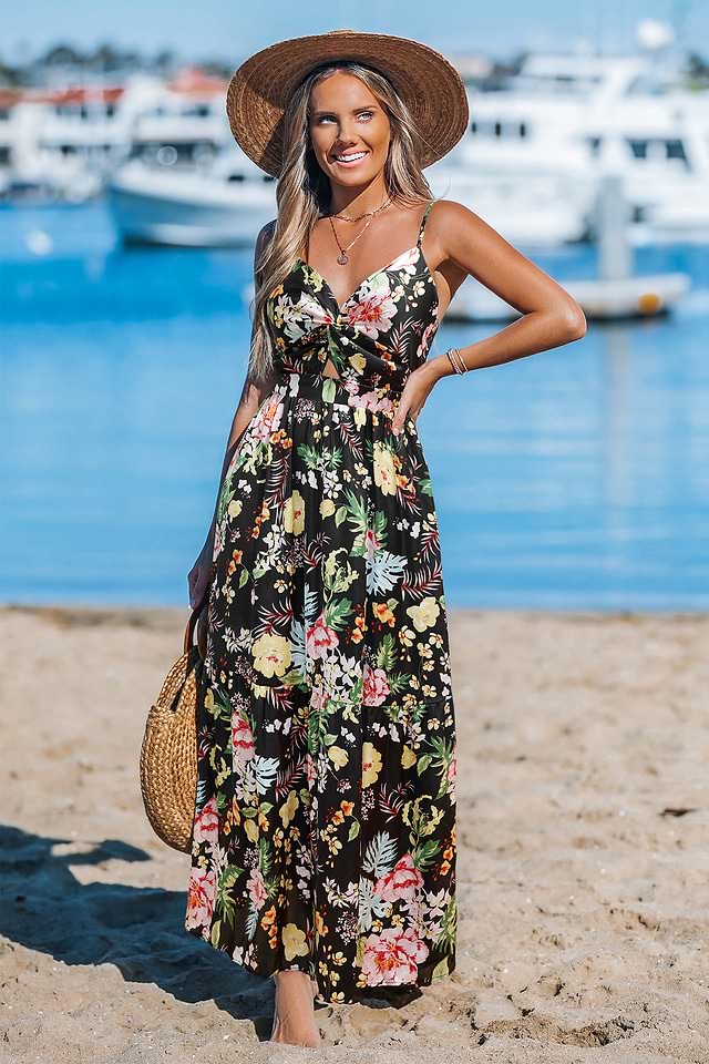 black tropical dress Calista and Multi Floral Maxi line skirt falls to a maxi hem Black Floral Front Twist Maxi