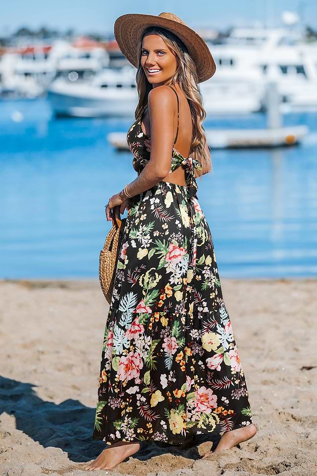 Cupshe Women's Tropical Flowers Keyhole Maxi Beach Dress - Black
