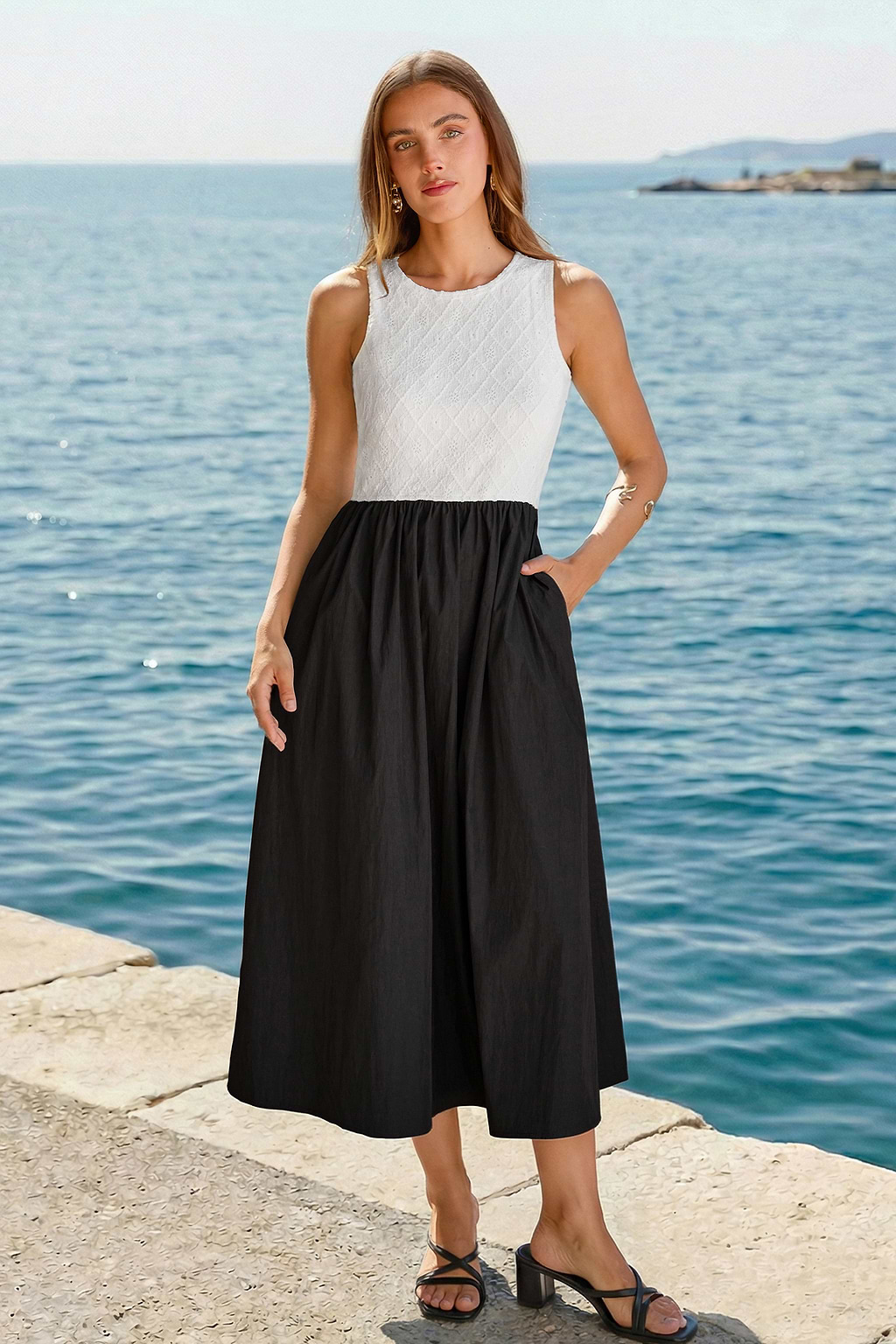 Dwukolorowa sukienka midi w stylu showbiznesu