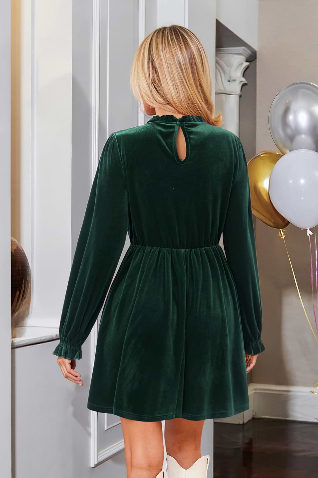 Green Velvet Puff Sleeve Mini Dress