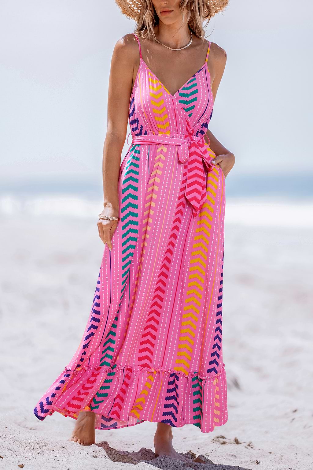 Pink V-Neck Belted Maxi Dress