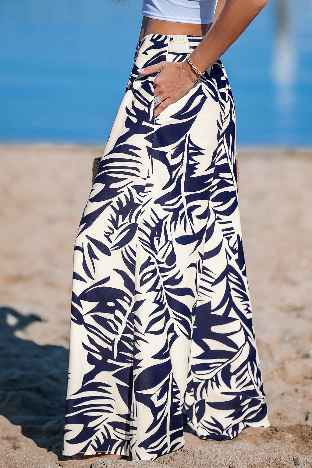 Blue Tropical Floral Wide Leg Trousers