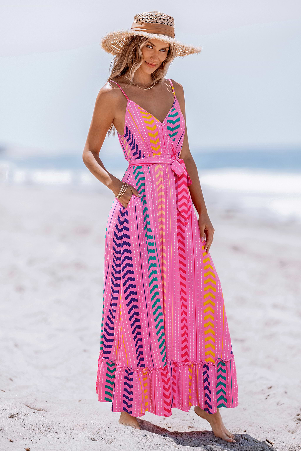 Pink V-Neck Belted Maxi Dress