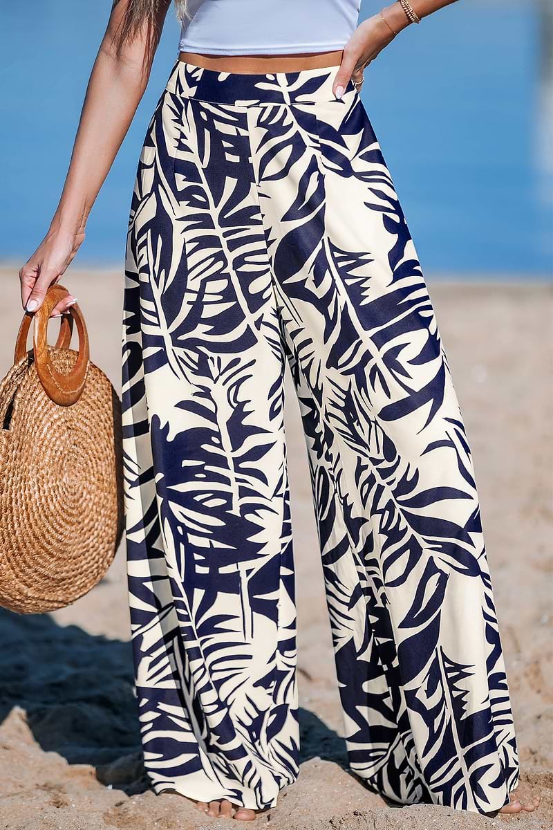 Blue Tropical Floral Wide Leg Pants