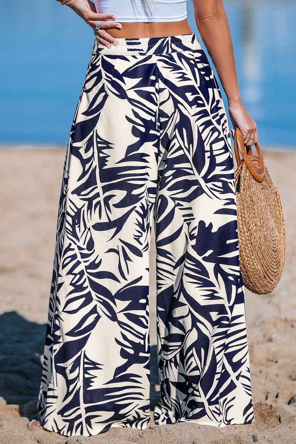 Blue Tropical Floral Wide Leg Pants
