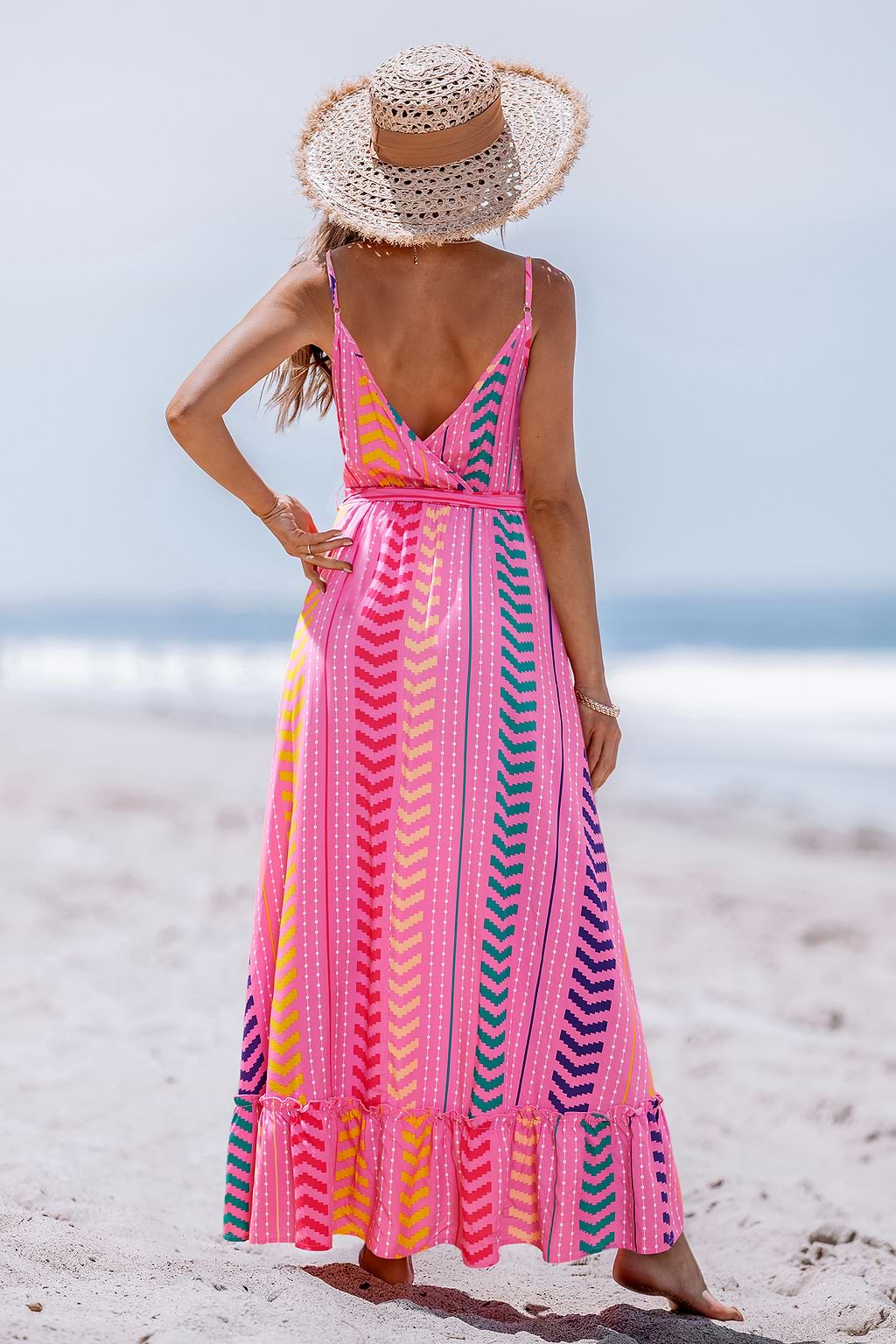 Pink V-Neck Belted Maxi Dress