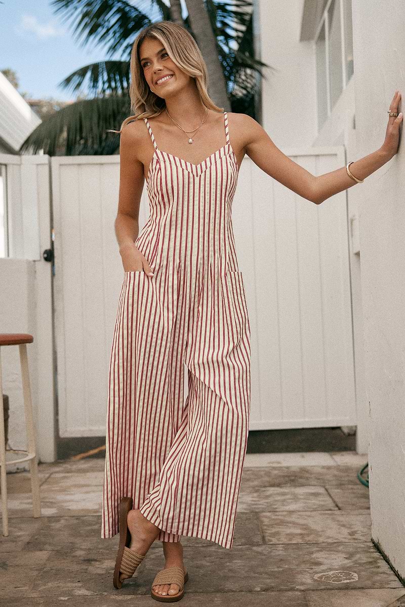 Striped Sleeveless V-Neck Wide Leg Jumpsuit