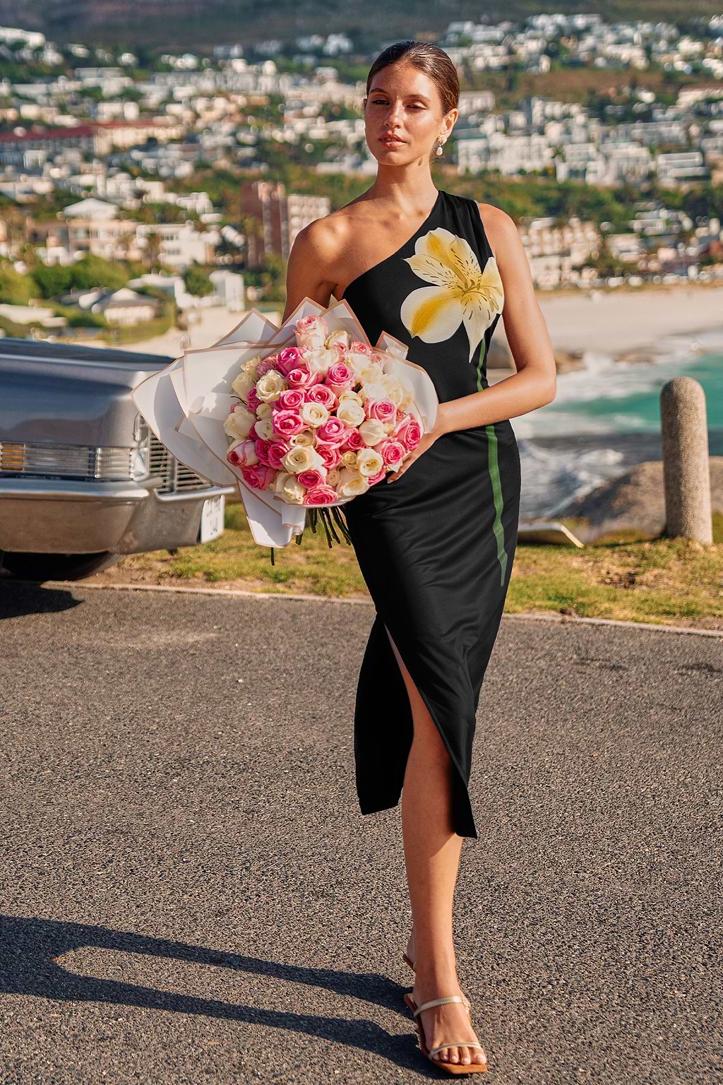 Schwarzes Ärmelloses Asymmetrisches Maxikleid mit Blumenmuster