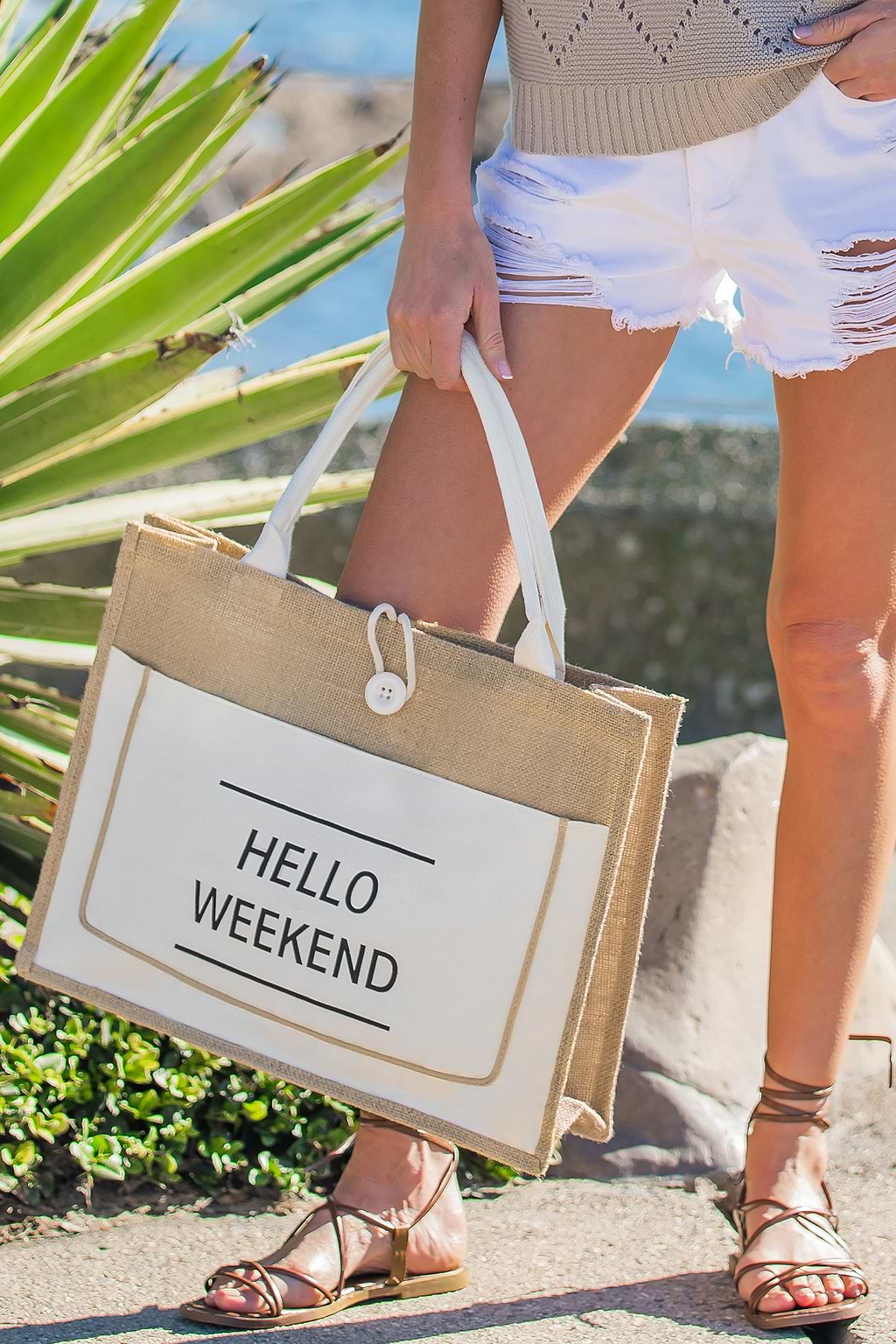 Hello Weekend Neutral Tote Bag