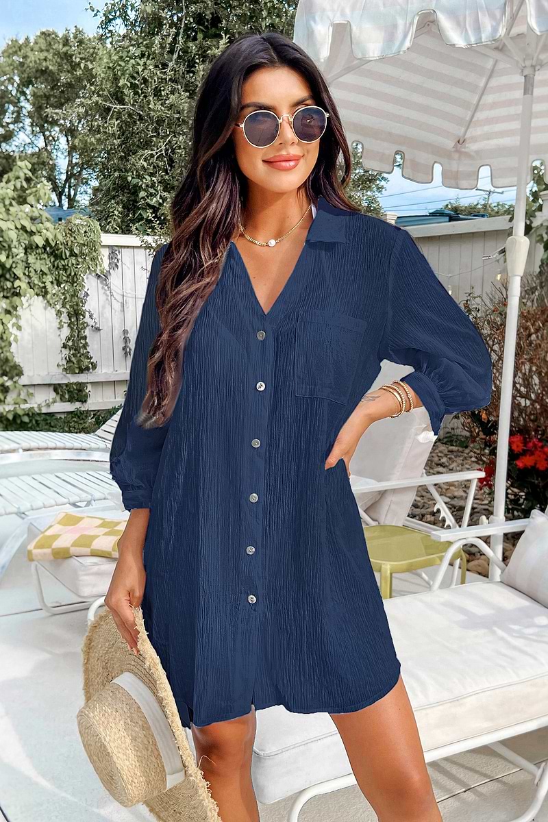 Blaues Langarm Mini-Strandkleid