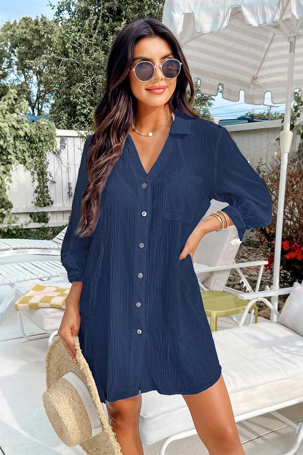 Blaues Langarm Mini-Strandkleid