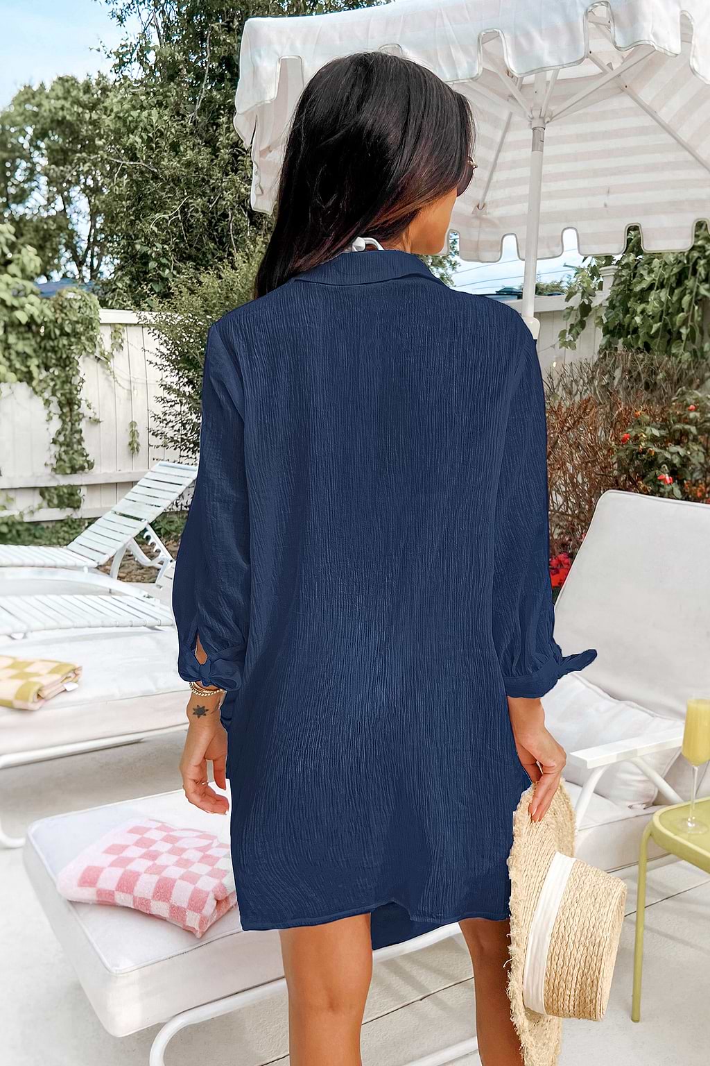 Blaues Langarm Mini-Strandkleid