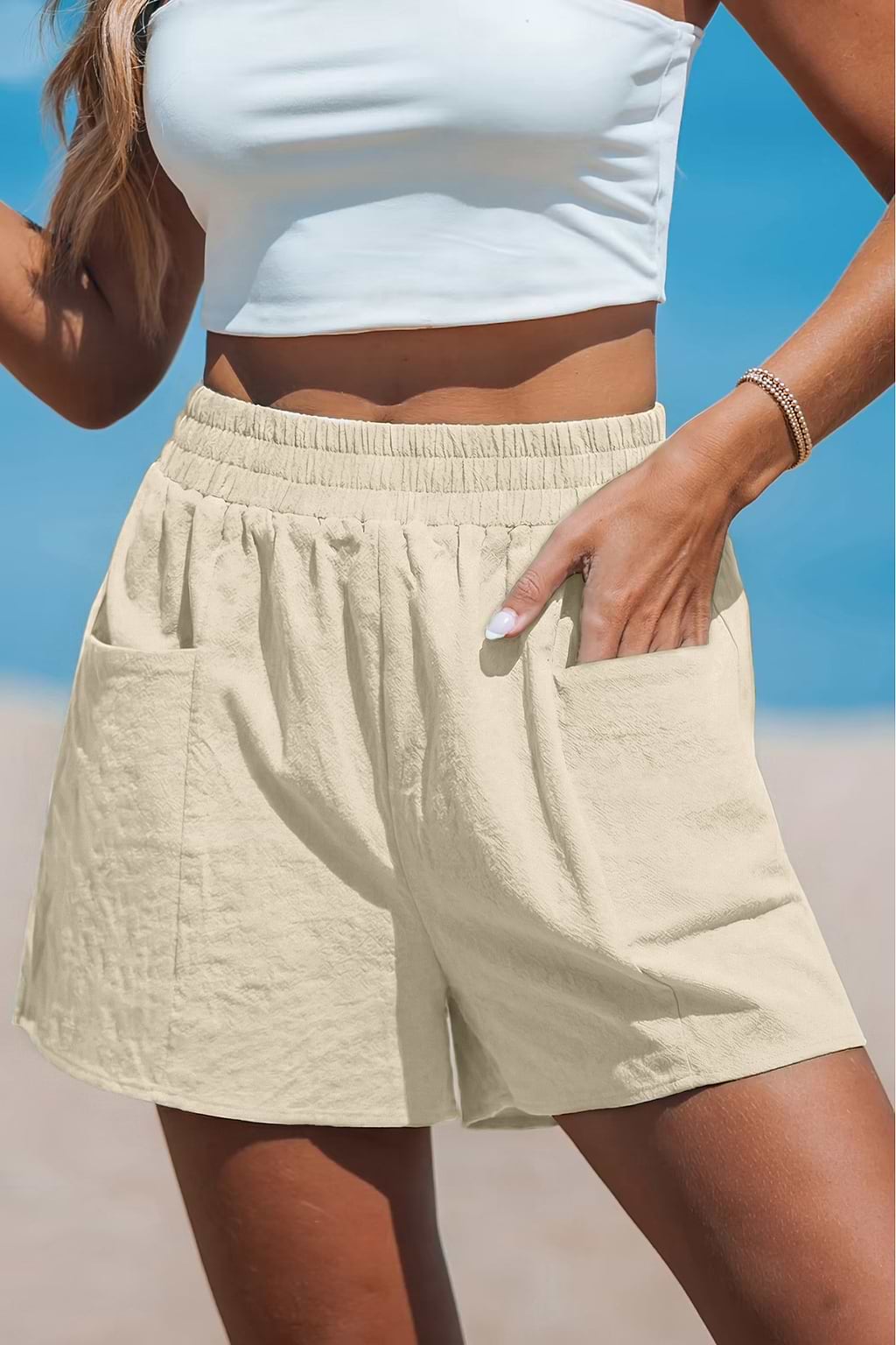 Cremefarbene Elastischer Bund Shorts aus Baumwolle