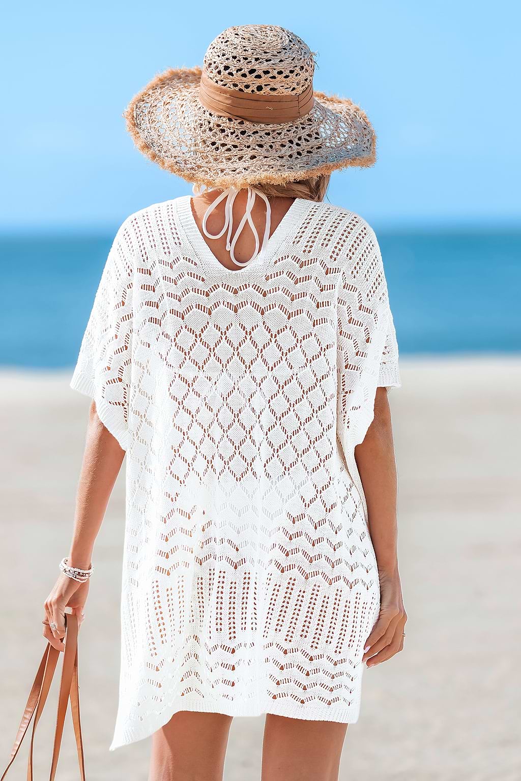 Weißes Kurzarm V-Ausschnitt Strick-Mini-Strandkleid