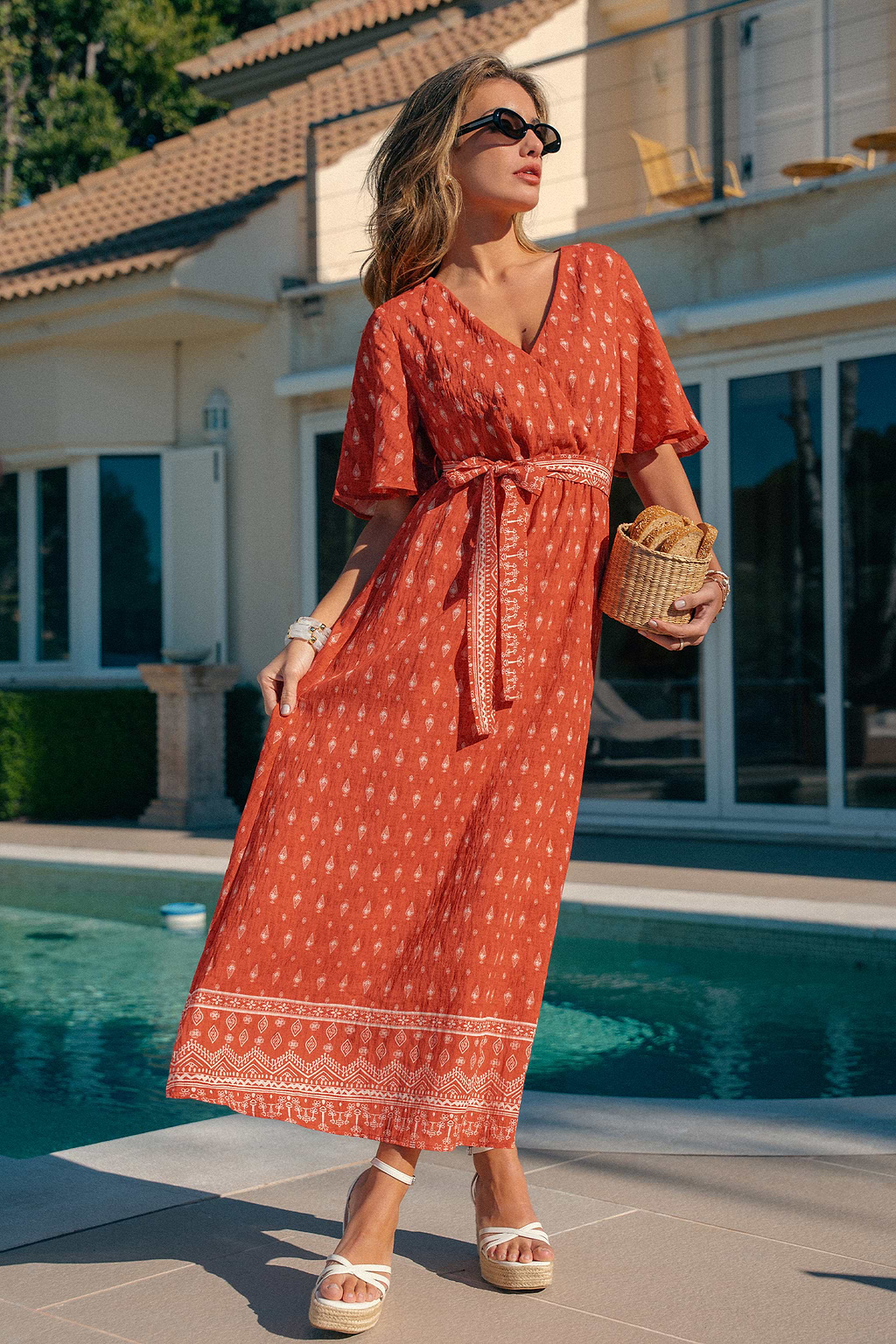 Orange Kurzarm Maxikleid mit Taillenband in Wickeloptik