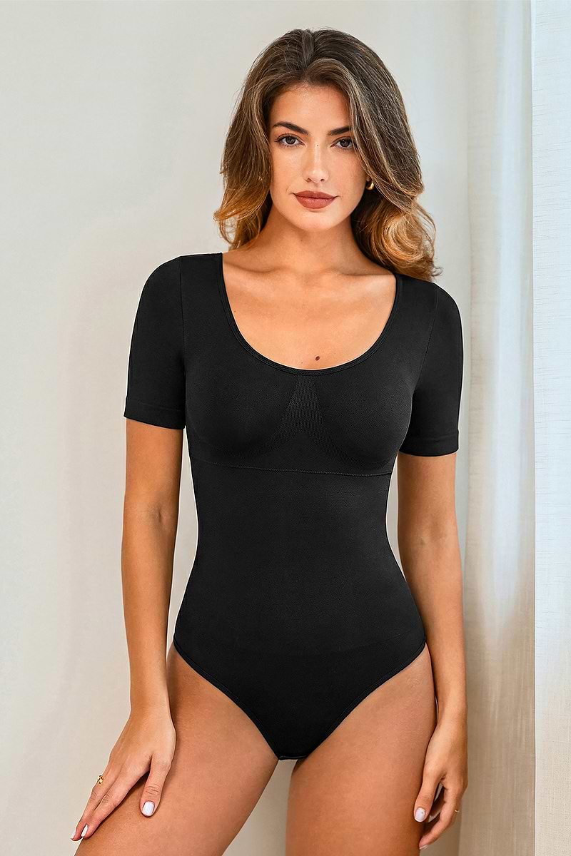 Leichte Kompression Kurzarm-Shapewear Body in Schwarz