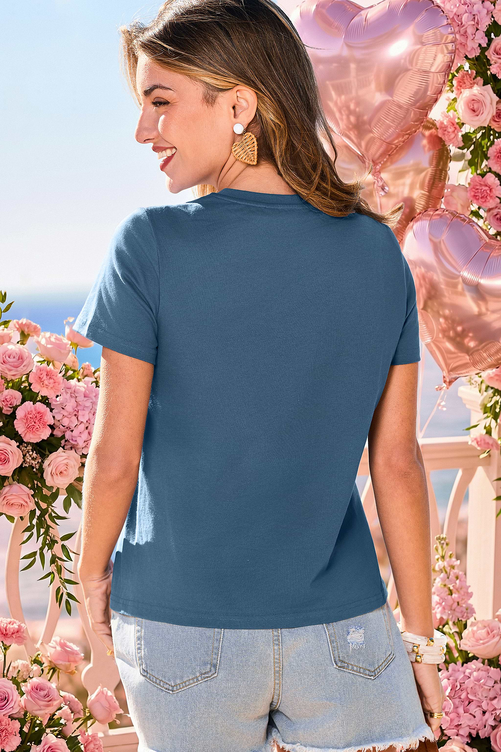 Blaues Kurzarm T-Shirt mit Herzmuster aus Baumwolle