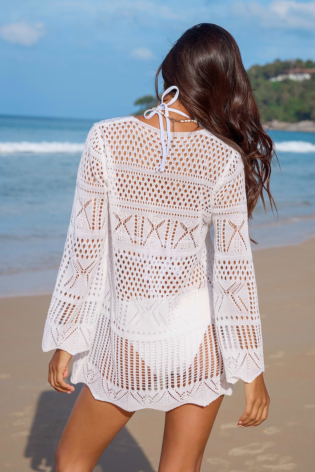 Kimono cover up blanc en tricot nouer sur le devant