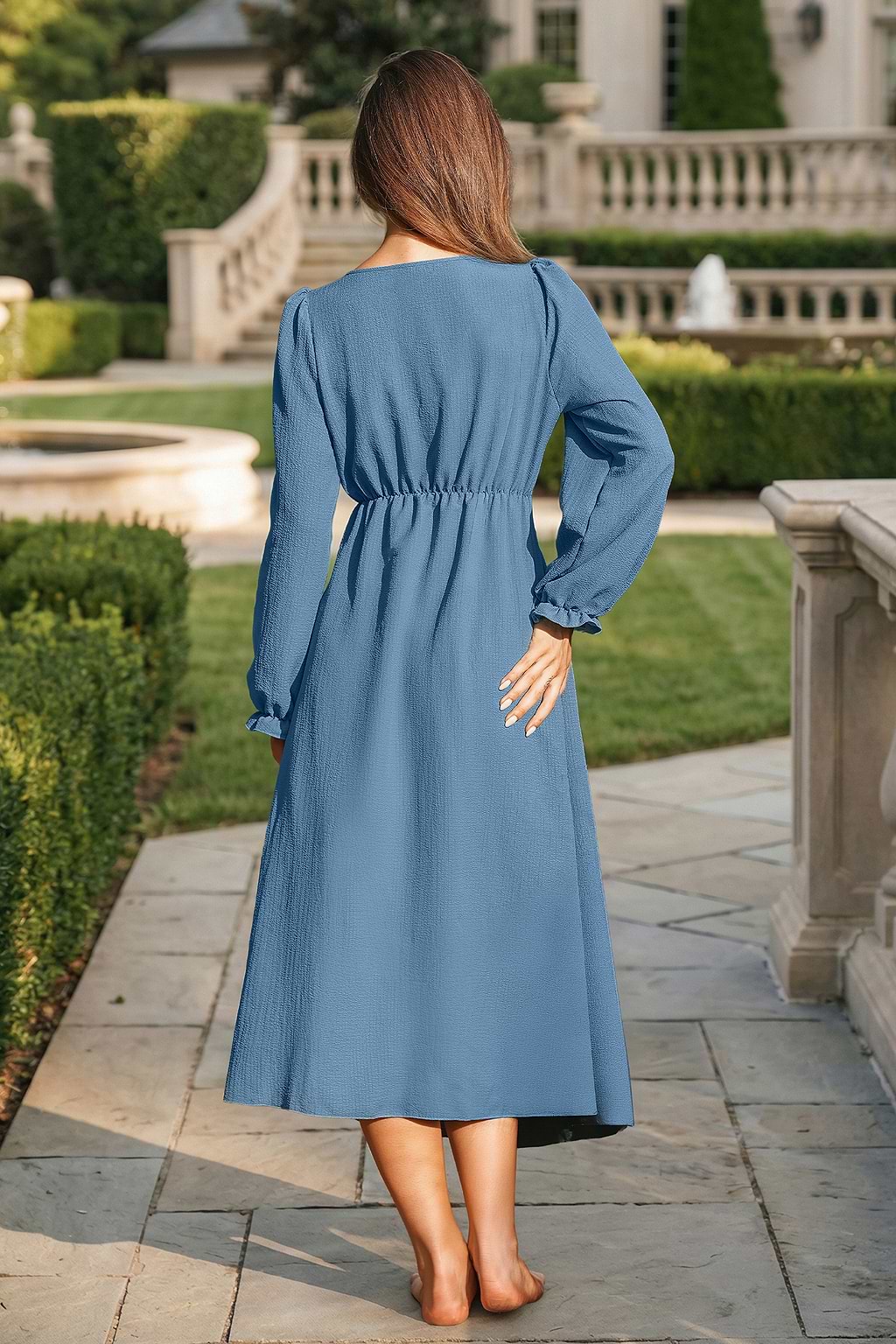Blaues Langarm Maxi-Nachtkleid