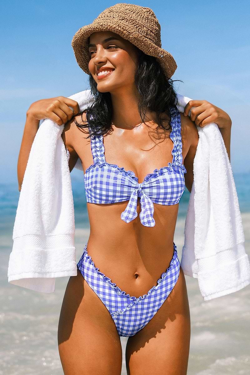 Blaues Gingham Low-Waist Bikini-Set