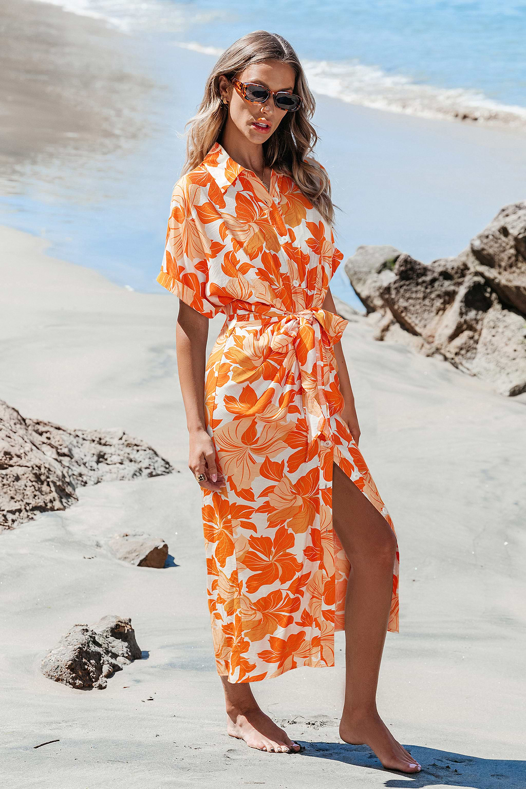 Robe longue florale col chemise