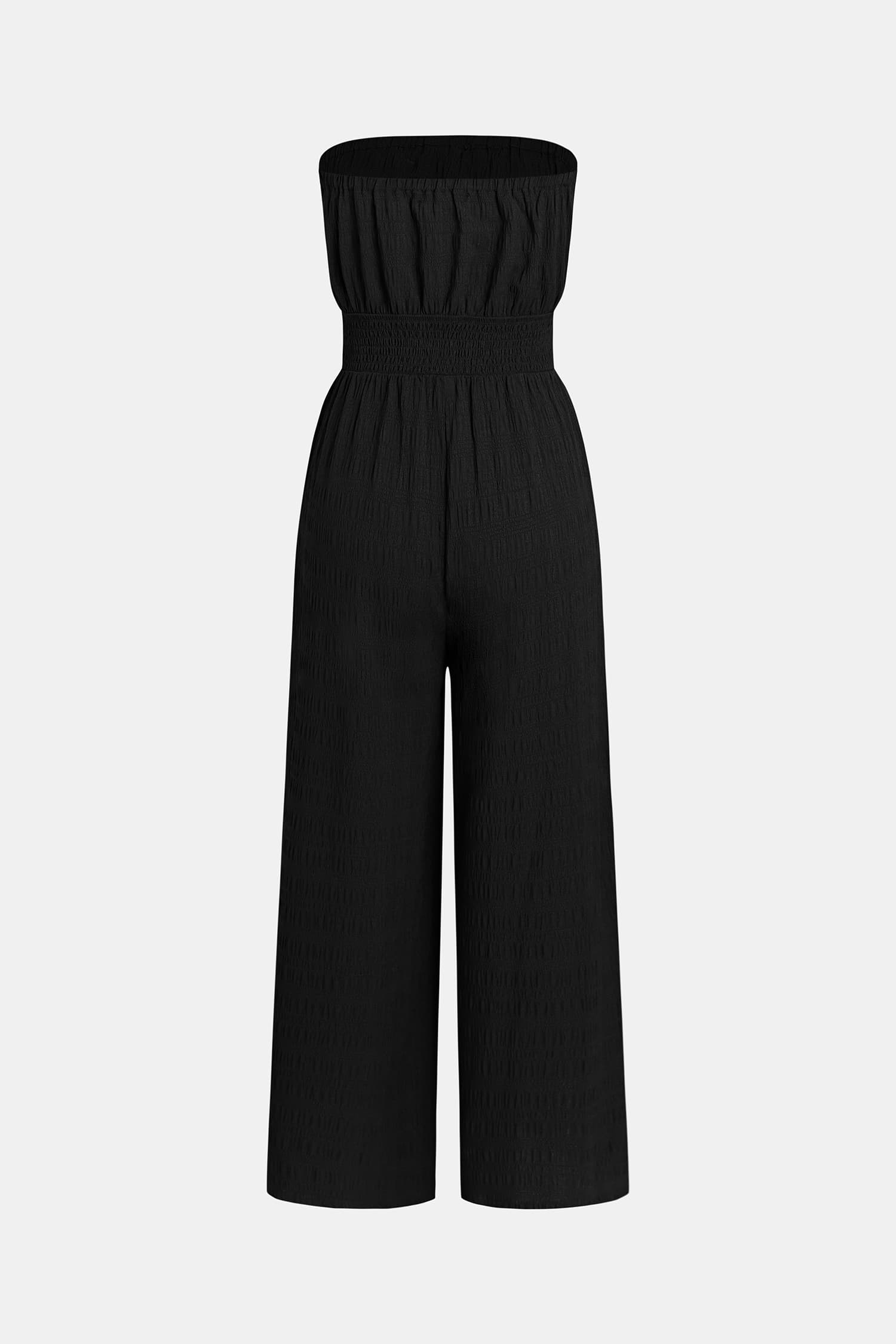 Black Strapless Wide Leg Jumpsuit with Smocked Waist