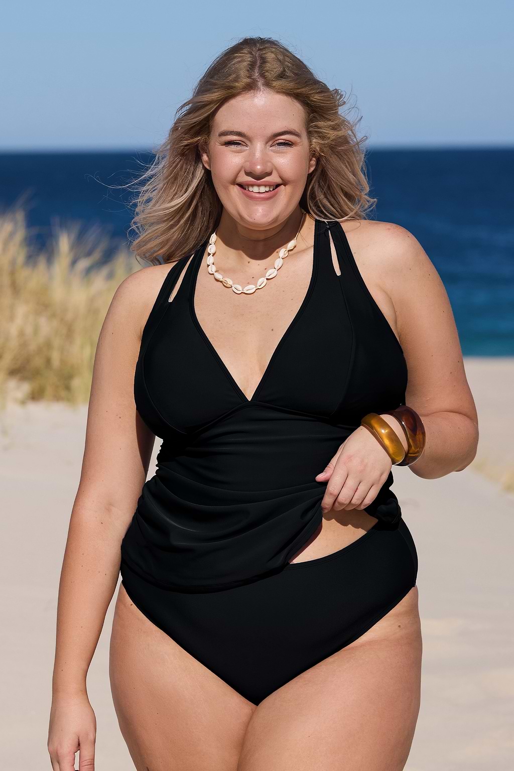 Conjunto de top tankini fruncido negro y pantalones de talle medio