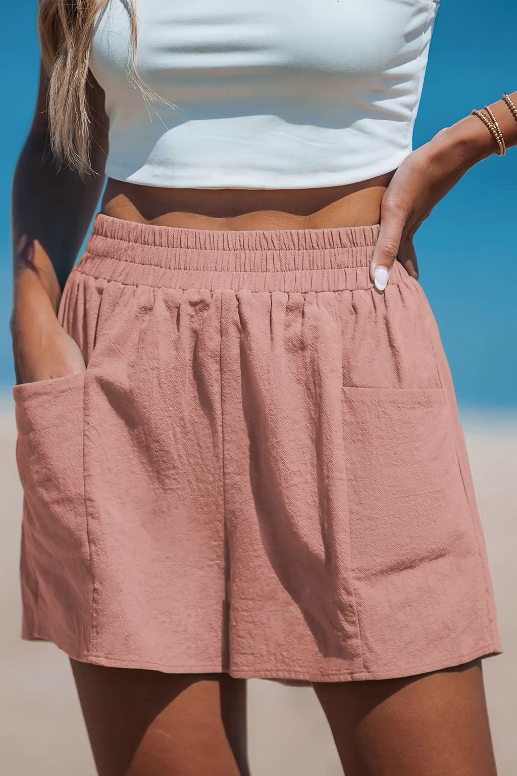 Rosa Elastischer Bund Shorts mit Taschen