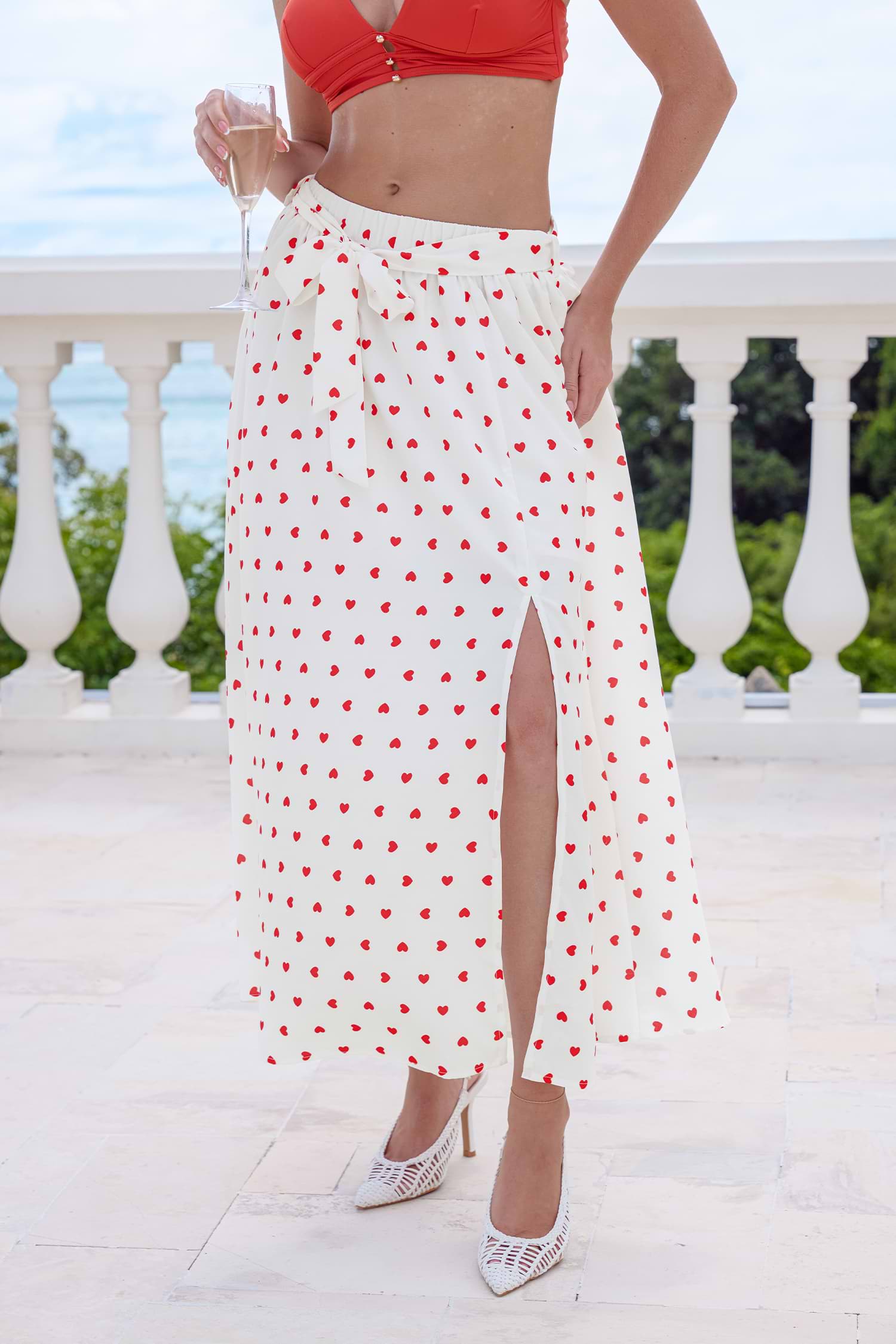 Heart Print Maxi Skirt with Waist Tie and Side Slit