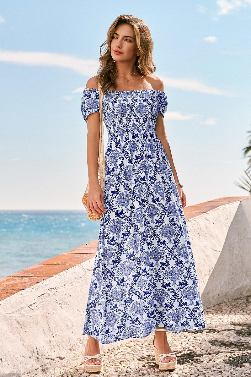 Robe longue florale buste smocké