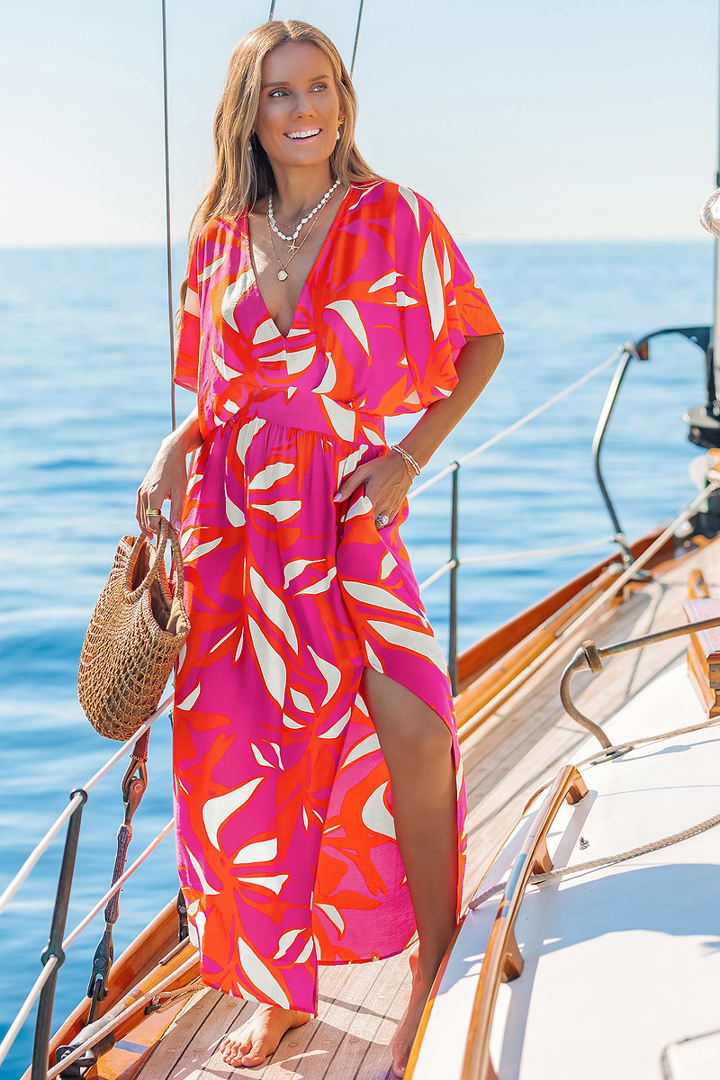 Rotes Tropisches Midi-Strandkleid mit Fledermausärmeln
