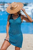 Türkisfarbenes Ärmelloses V-Ausschnitt Strick-Mini-Strandkleid