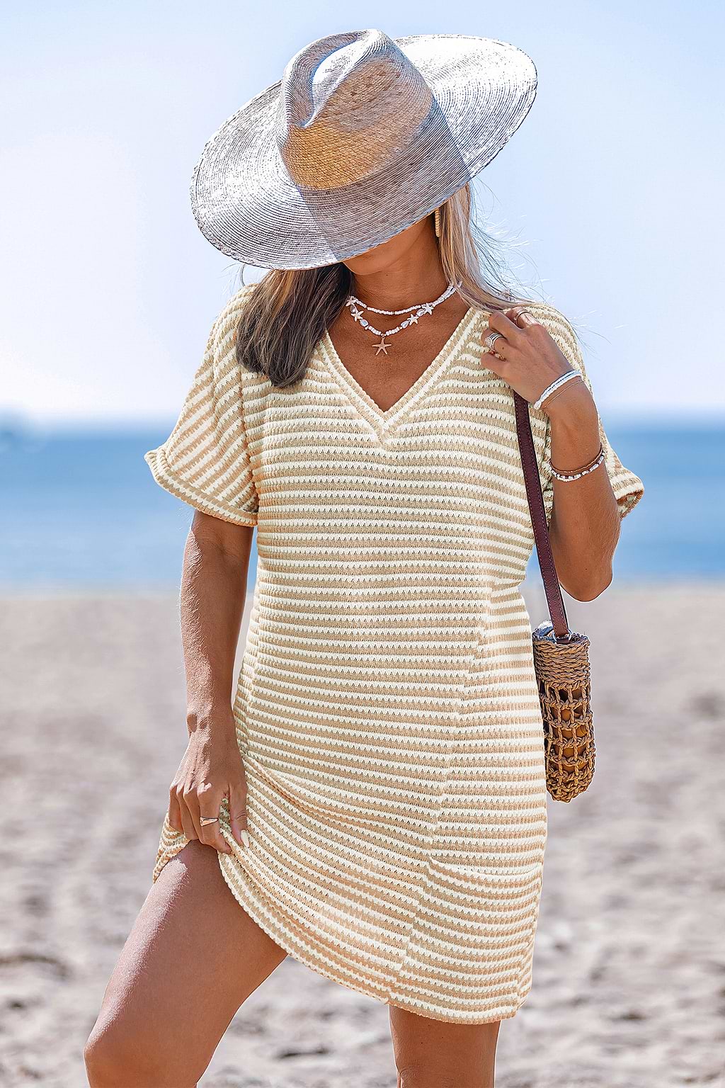 Robe cover up courte à rayures manches courtes