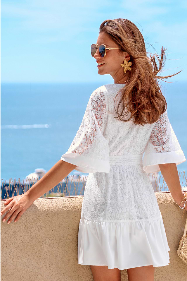white mini boho dress Sky to Moon Kristen Halter - Size M bridal events Women's Cotton White Embroidered Dress