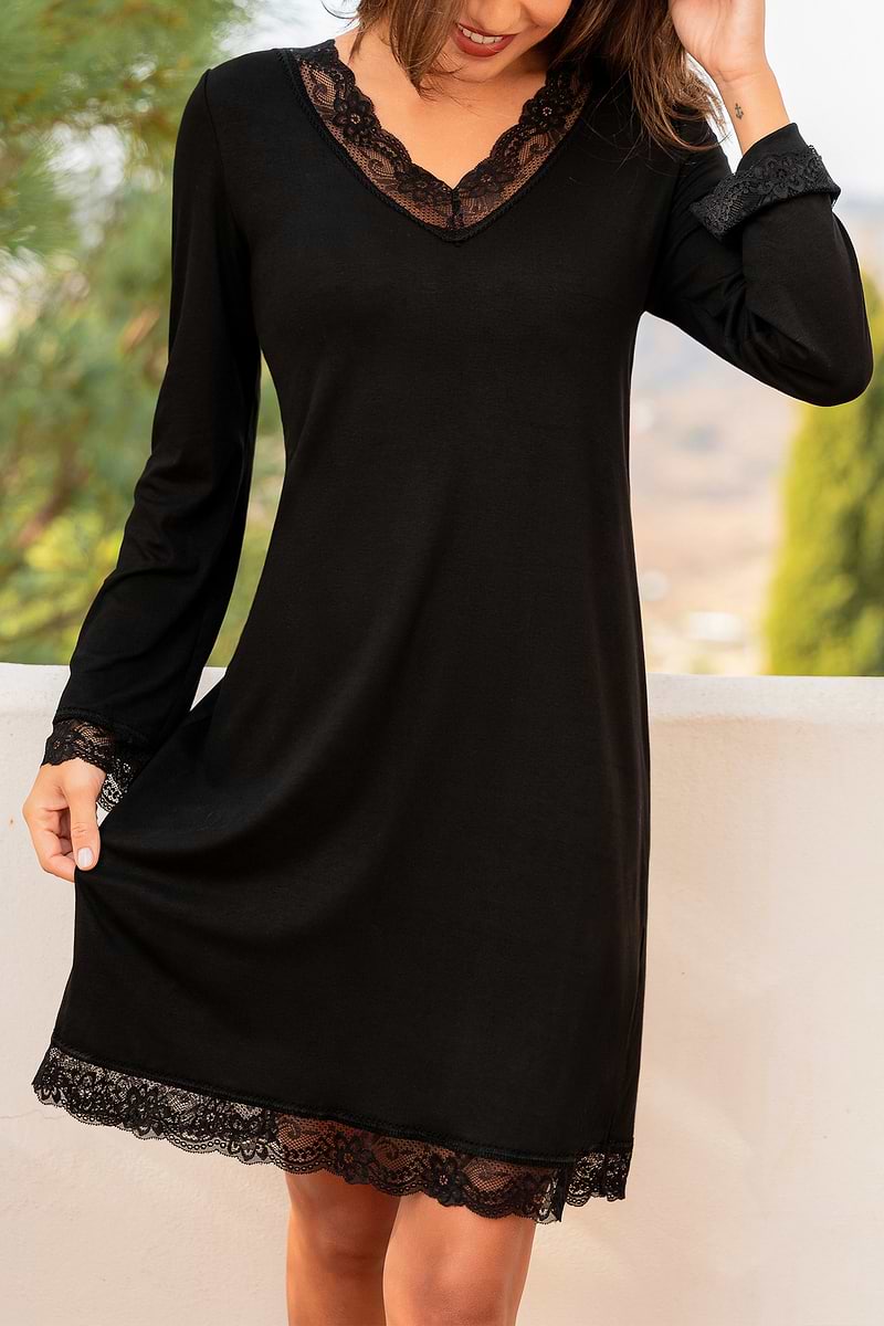 Schwarzes Lange Ärmel Nachthemd mit Spitzenbesatz